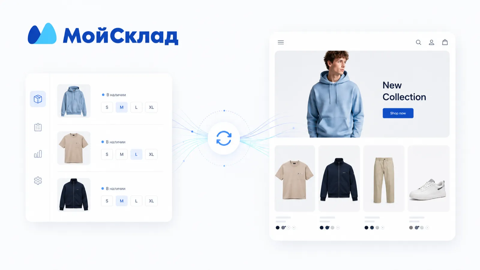 A fashion online store connected to MoySklad for stock updates while product images, titles, translations and collections are managed separately